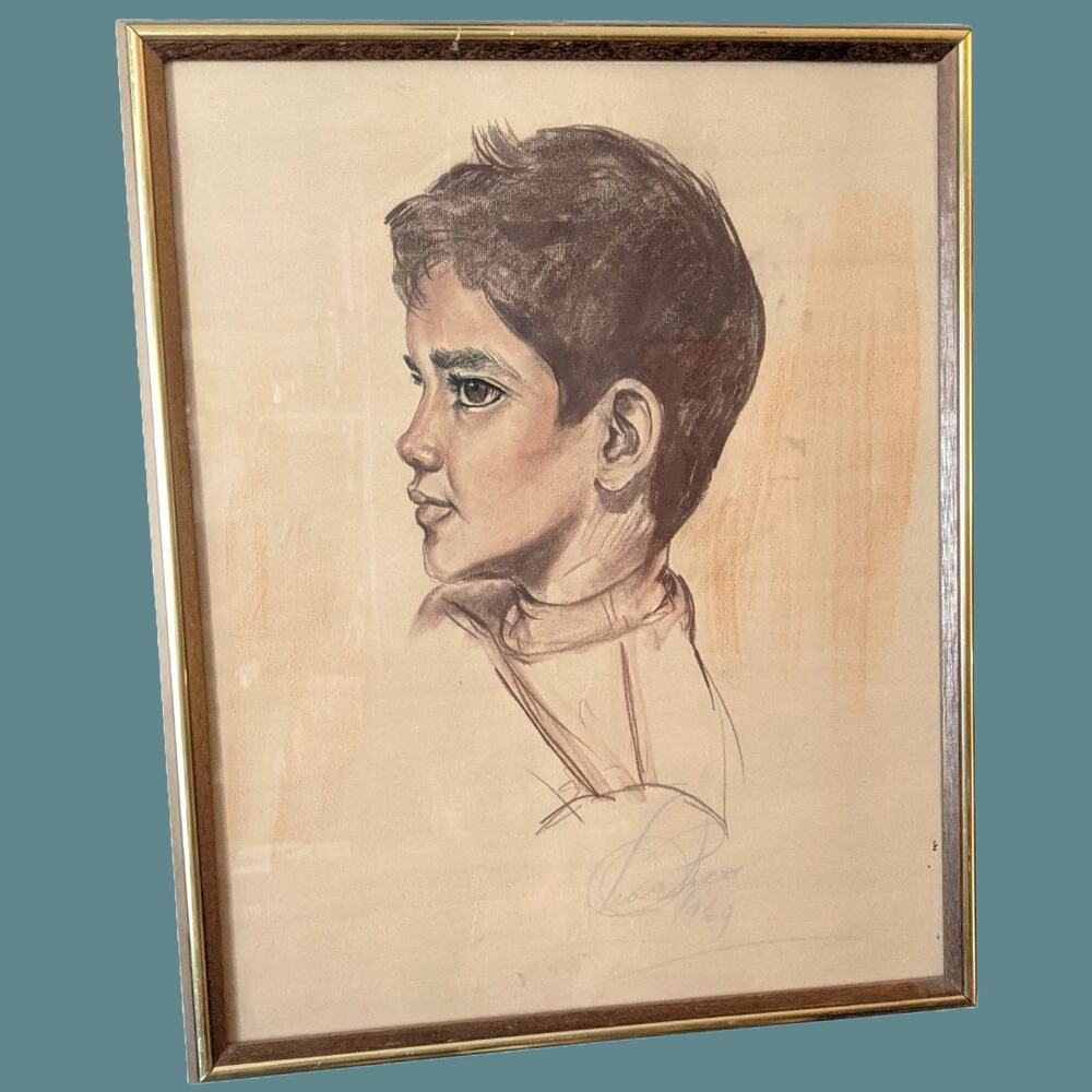 Vintage 1969 21 1/2" x 17 1/4" Oil Pastel Drawing of a Boy by Charlie Pico